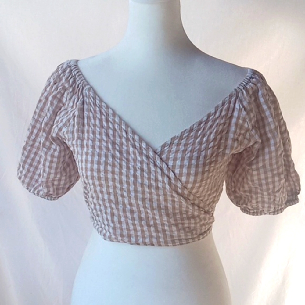 Sim & Sam Checkered Crop Top Smocked gathered back Puffed Sleeves S Brown